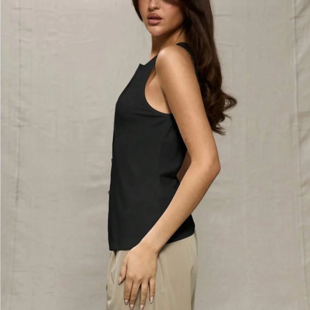 Black button front jersey sleeveless top, stretchy material - Picture 3 of 11
